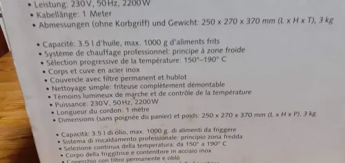 Friteuse Koenig original suisse 3,5 litres système de chauffage professionnel Capacité 3,5 L d'huile