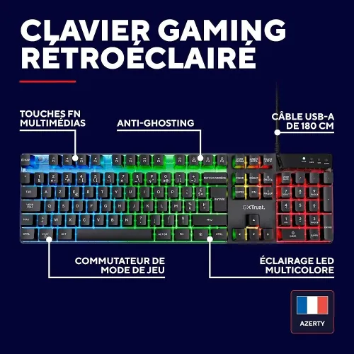 Trust Gaming GXT 835 Azor Clavier Gamer Filaire AZERTY Français