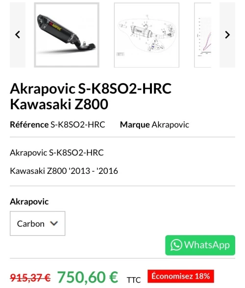 Pot Silencieux Akrapovic + sa ligne complète Carbon Kawasaki Z800:
