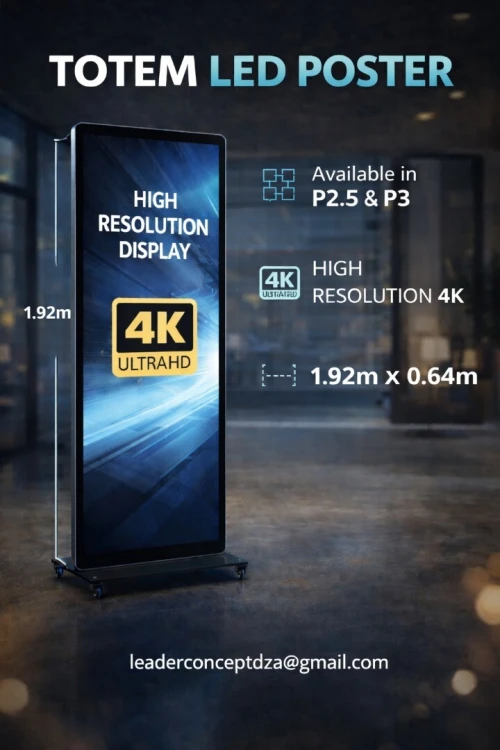 Totem LED poster digital P2.5 P3 P4 affichage professionnel controle mobile 4K indoor outdoor afficharge moderne format 1.92 m x 0.64 m fabrication sur meusure