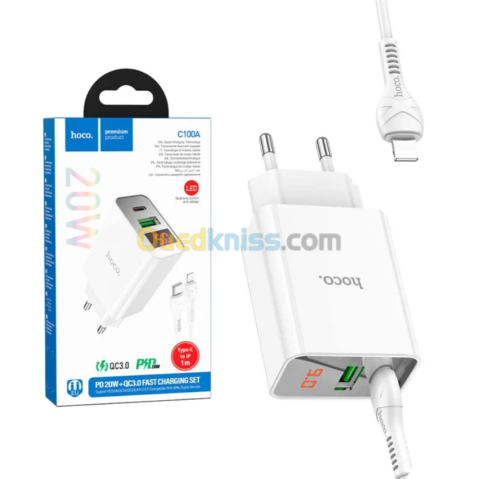 Chargeur Type-c 20W + USB QC3.0 HOCO C100A avec affichage Puissance + Cable USB-c Vers Lightning 1m