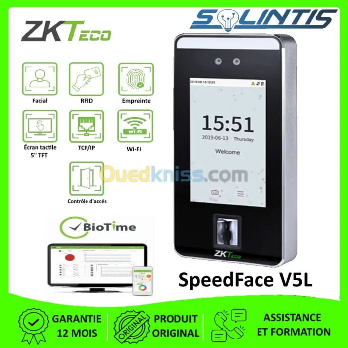 Terminal de pointage et de contrôle d'accès multi-biométrique ZKteco SpeedFace V5l
