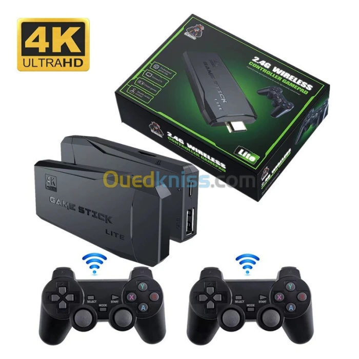 Console de Jeu Vidéo avec Double Manette Sans Fil 2.4G Plus de 10000 jeux, 64 Go 4K Game Stick Lite