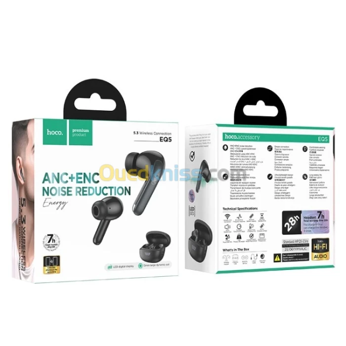Airpods Hoco EQ5 ANC + ENC - Ecouteurs Sans Fil Bluetooth 5.3 - 7H de Lecture Continue