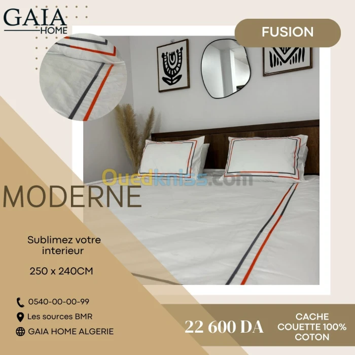 Parure cache couette et Taies d'oreillers brodées 100% coton - FUSION 2 places