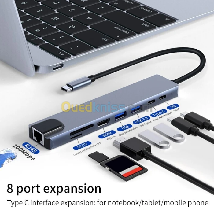station d'accueil 8 en 1 Type:C, 4K HdTV, Tf Rj45, Charge Rapide PD pour Ordi Portable,Macbook