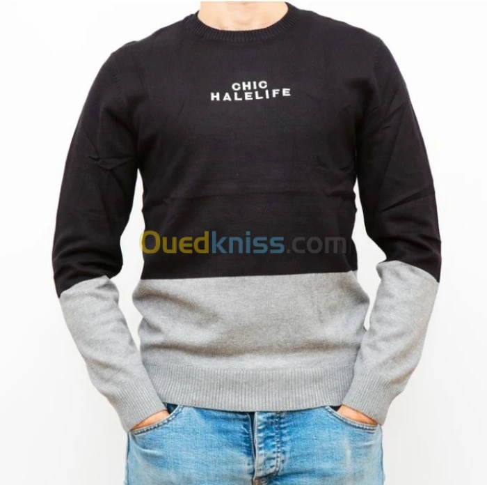 Pull Homme Sweater Bloc En File de coton Style Décontracté très Confortable-Noir