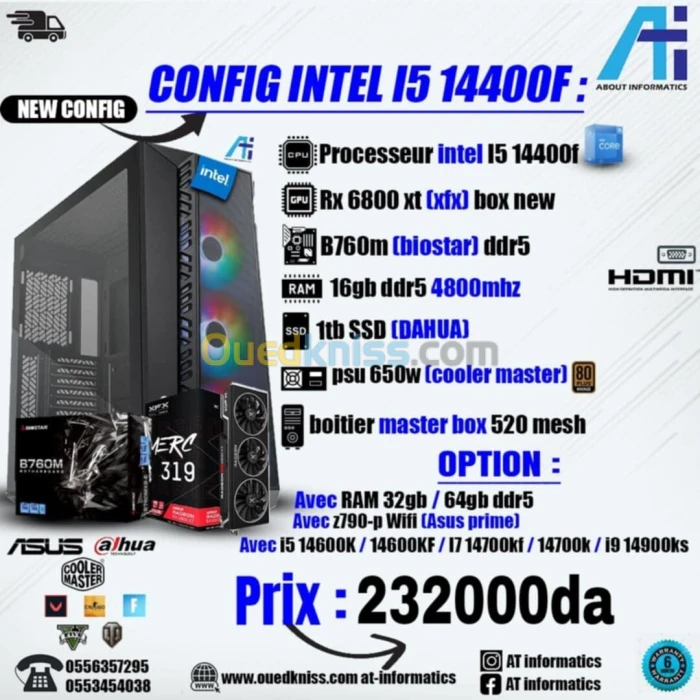 CONFIG PC GAMING INTEL CORE I5 14400F AVEC AMD RX 6800 XT 16GB XFX box New Not refurbished