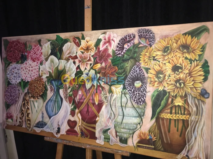tableau cadre sur toile peinture 100% acrylique fleural réalisation à main