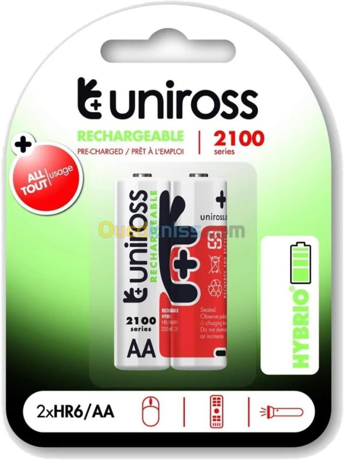Uniross 2 Piles Rechargeables AA/HR6 2100 NIMH HYBRIO, 1.2V