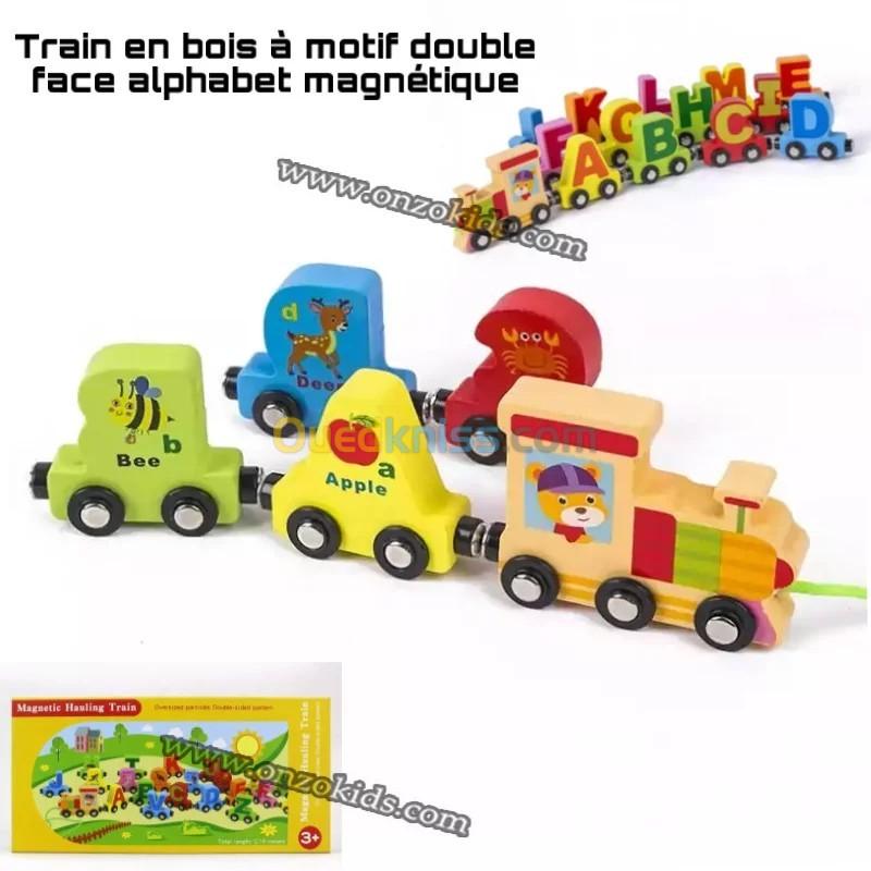  jeux éducatif Train en bois à motif double face alphabet magnétique