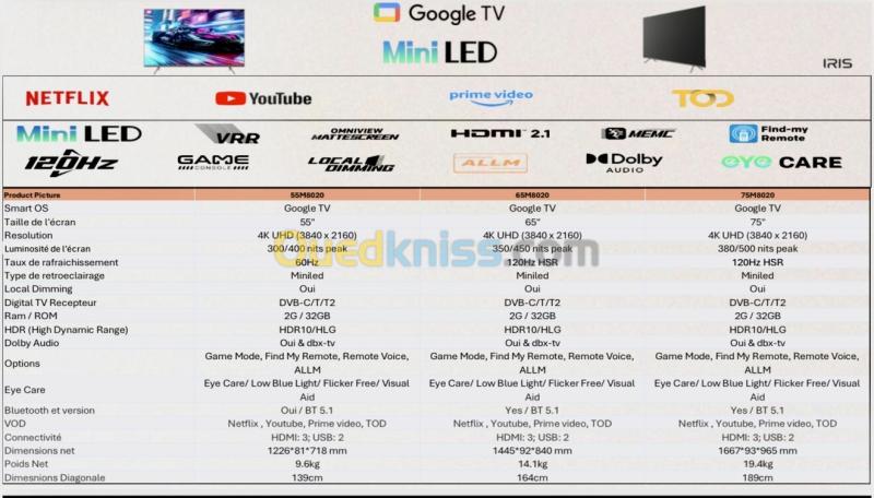 IRIS 65" MINILED M8020 GOOGLE TV 120 HZ 4k UHD ANDROID 14 65 POUCES  MINI LED 17