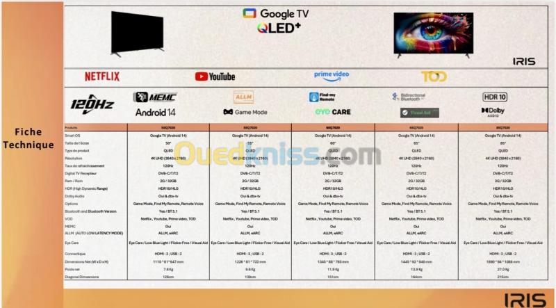 TV IRIS 55" QLED+ Q7020 GOOGLE TV 120 HZ 4K UHD SMART ANDROID 55 POUCES 8