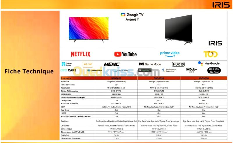 TV IRIS 50" G5020 GOOGLE TV 4K UHD SMART ANDROID 14 50 POUCES 2