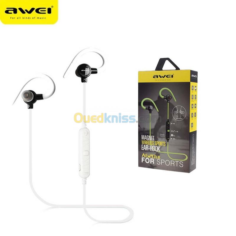  Ecouteur Sans-fil Bluetooth 4.1 AWEI A620BL aimant Crochet oreille pour Sport avec microphone Blanc