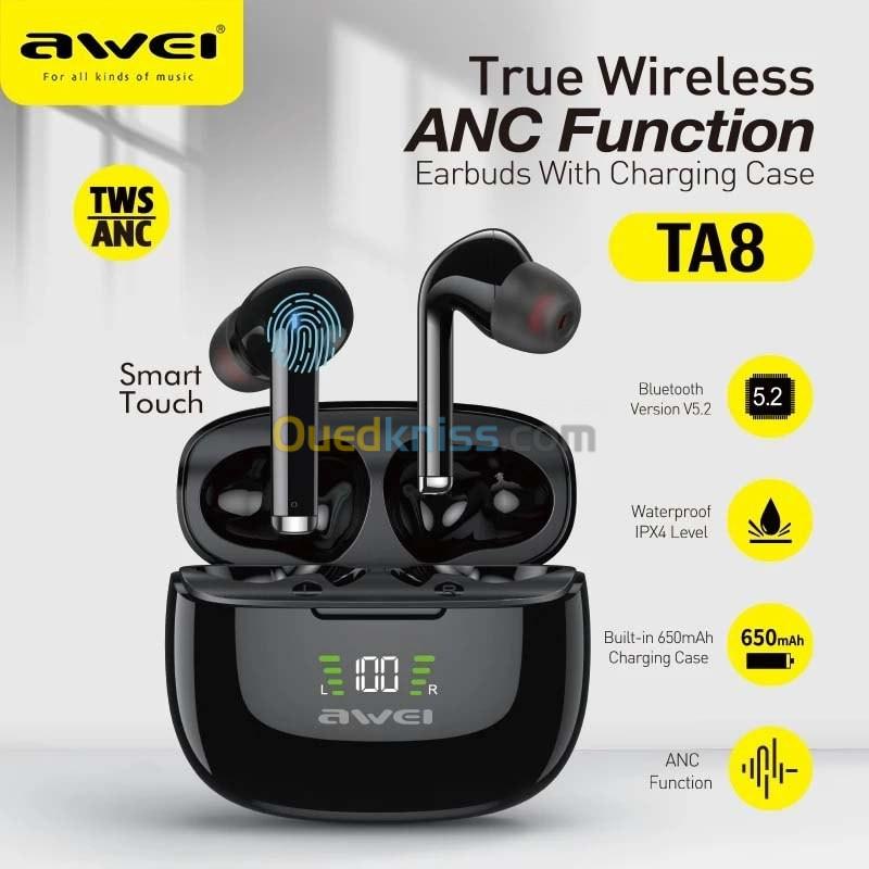  Ecouteur Earbuds sans-fil bluetooth 5.2 AWEI TWS TA8 Étanche IPX4 Sport Gaming avec ANC et Ecran Led
