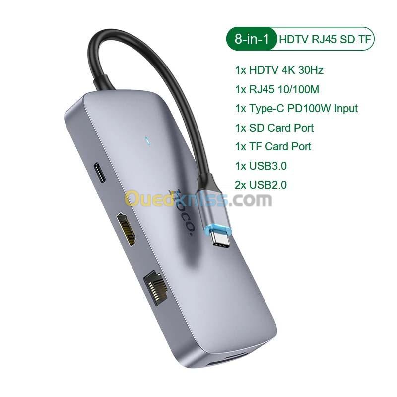  HUB 8 en 1 HOCO HB32 PD100W Type-c USB-C to HDMI RJ45 SD/TF 1 * USB 3.0 2 * USB 2.0 Type-c PD