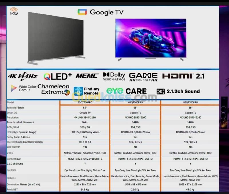 TV IRIS 86" Q7700 QLED PRO GAMING TV 144 HZ GOOGLE TV ANDROID SMART  86 POUCES 7