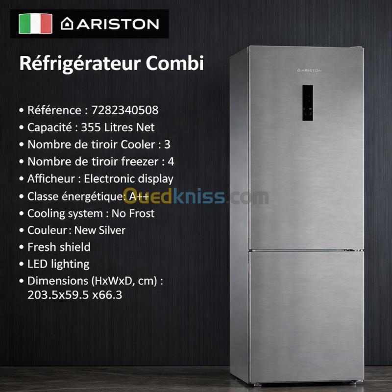 ARISTON REFRIGERATEUR COMBINÉ 355 L INOX NO FROST COMPRESSEUR INVERTER