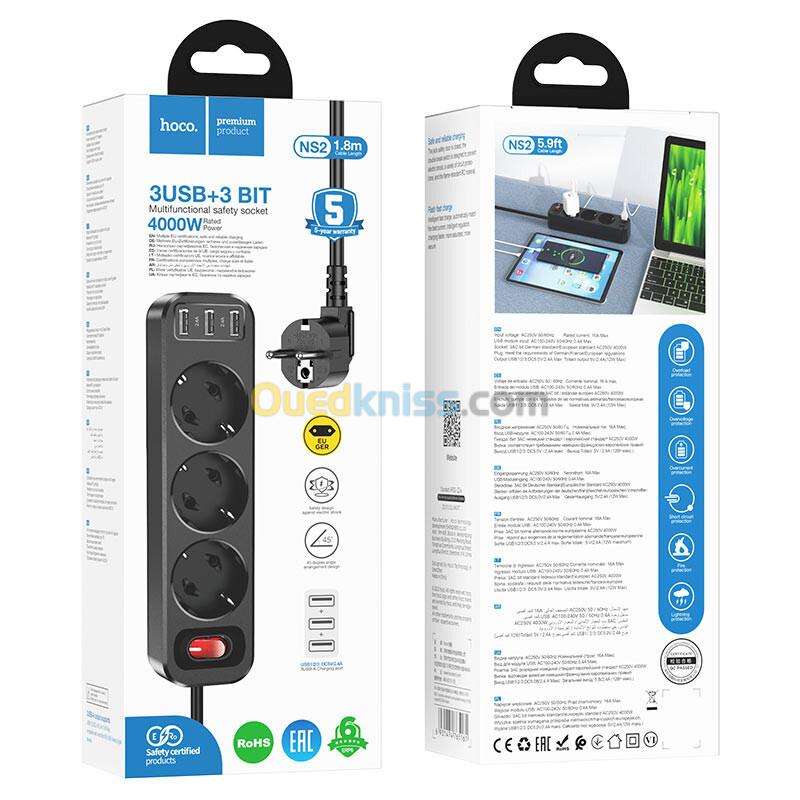 Multiprise HOCO NS2 3 Prises EU 4000W | 3 USB 2.4A 1.8m