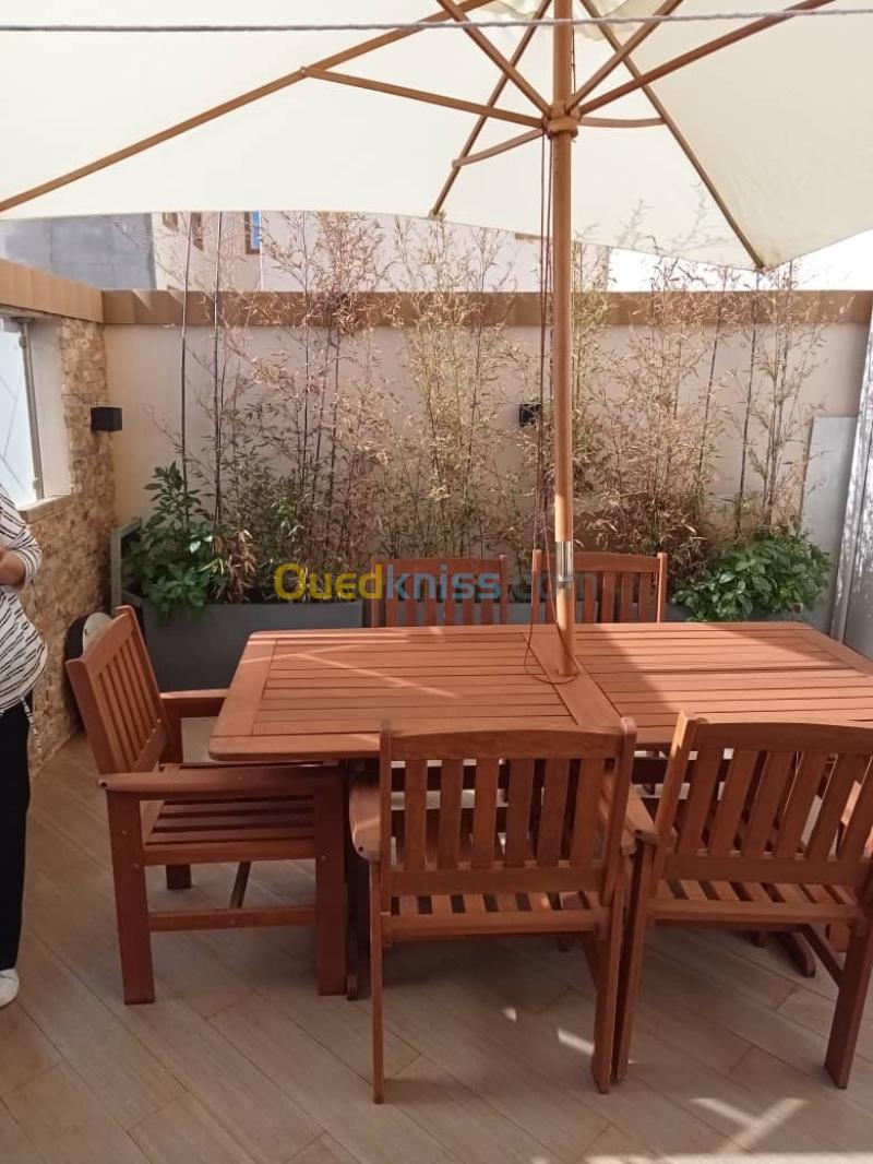 Table jardin 6 person avec parasol teak Alger Algérie
