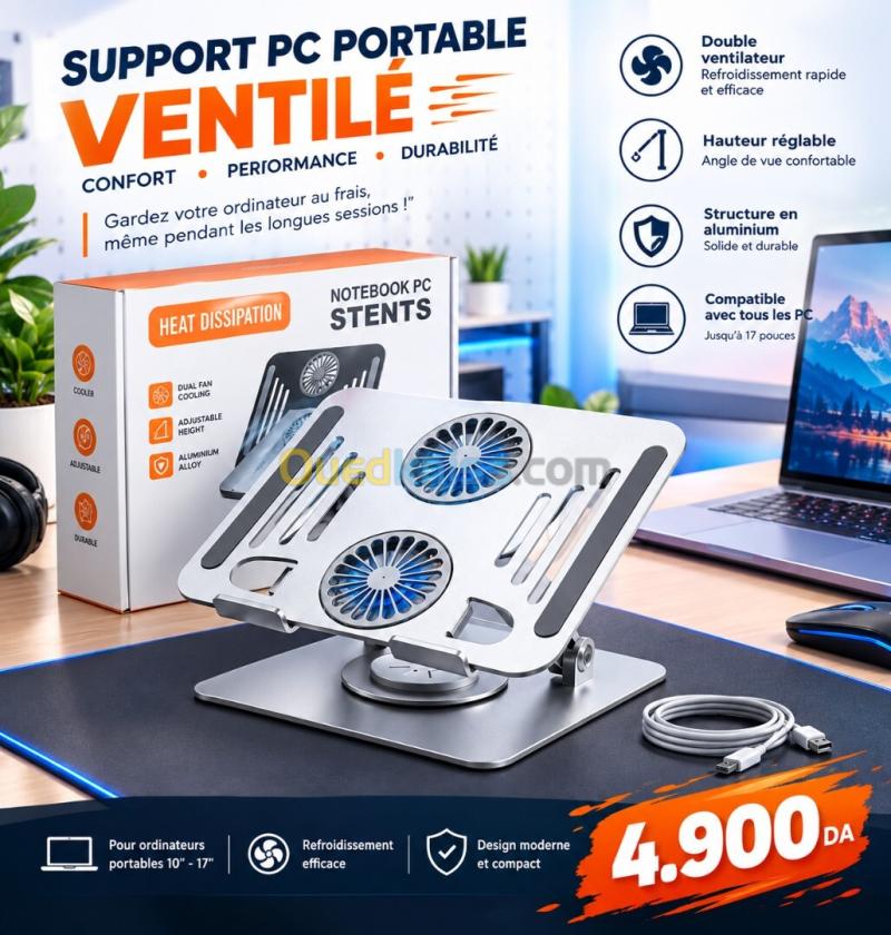 Support PC Ventilé Aluminium Double Ventilateur