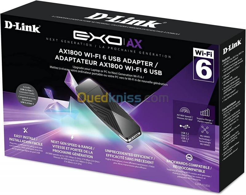  D-Link  Adaptateur USB Wi-Fi 6 AX1800 - DWA-X1850