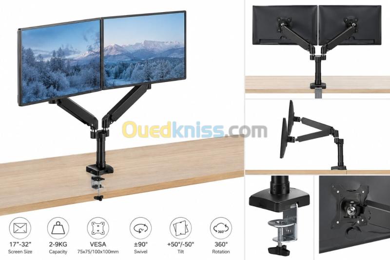 SUPPORT ECRAN DUAL MONITOR  - ARMS BRAKET - BRAS ARTICULÉS - VESA 75x75 / 100x100 - JUSQU'À 27" - BLACK 2