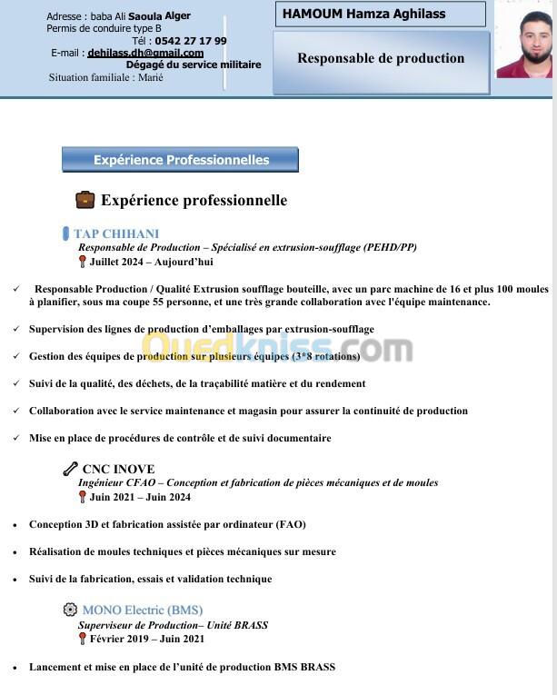 Responsable production/Ingénieur en production mécanique/conception et fabrication mécanique (CAO / FAO)