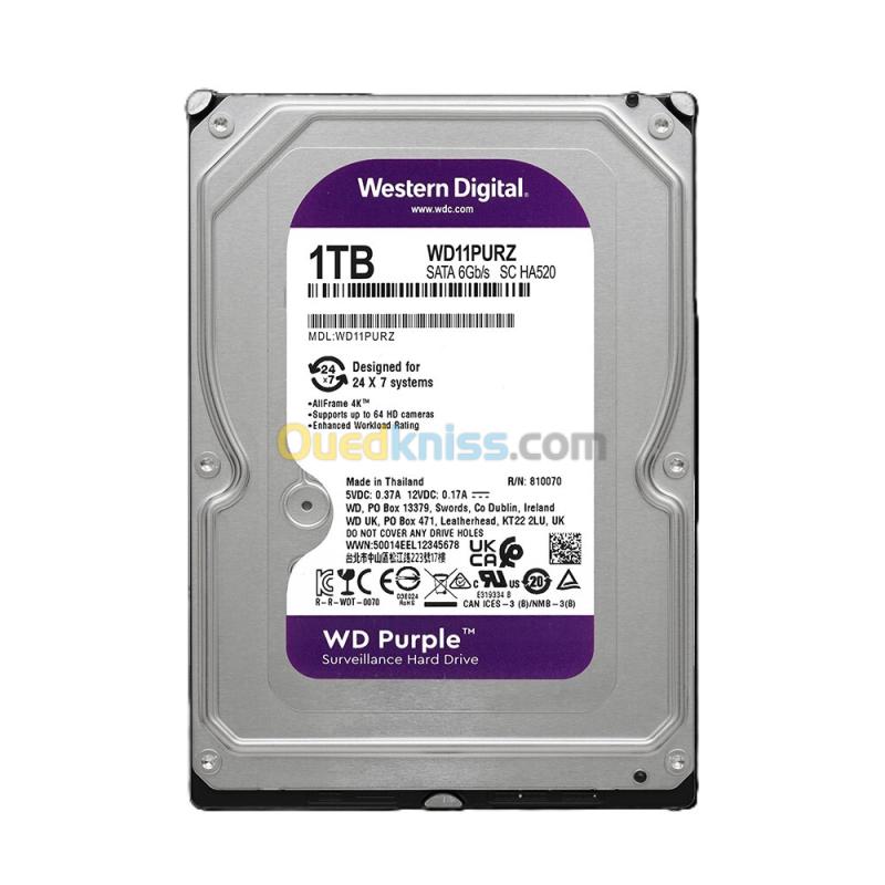 WD PURPLE WD11PURZ - 1TB - DISQUE DUR INTERNE - 3.5" - SATA III 6 Gb/s - 5400 TR/MIN - SURVEILLANCE - ORIGINAL 2