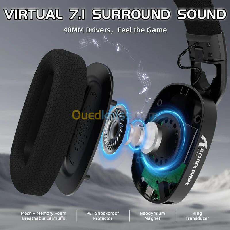 ATTACK SHARK L90 - CASQUE GAMING SANS FIL RGB PLIABLE - TRI-MODE - BLUETOOTH 5.3 & 2.4 GHZ & FILAIRE - SON VIRTUEL 7.1 - PC/PS4/PS5/SWITCH/XBOX - BLACK 4