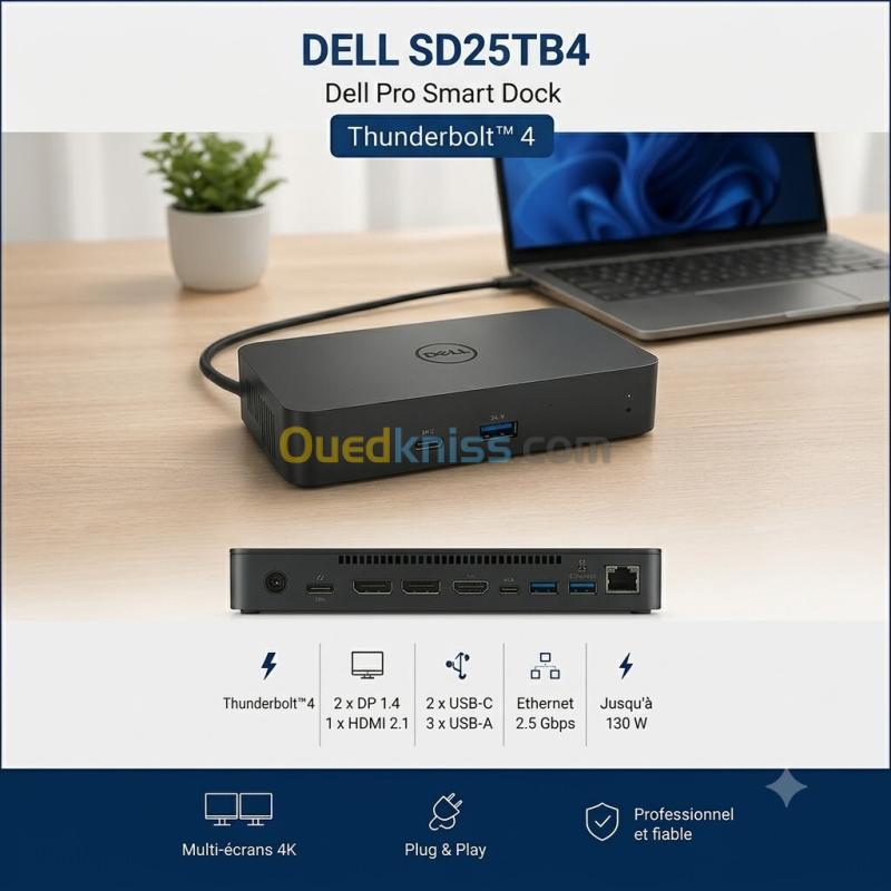 DELL STATION D'ACCUEIL DELL-SD25TB4 - DOCKSTATION 180W - DELL PRO SMART DOCK THUNDERBOLT 4 - 2 X DP1.4 - HDMI 2.1- USB-C - USB-A - ETHERNET - 2.5 GBPS - BLACK