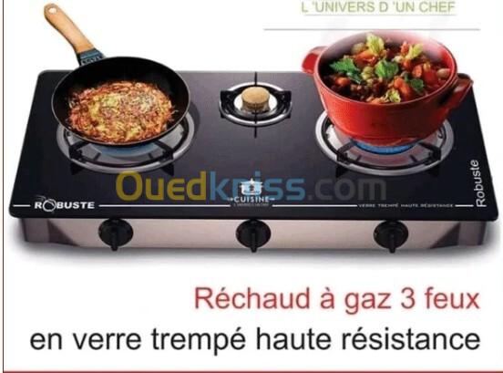 Réchaud a gaz 3 Feux en verre trempé Noir Robuste
