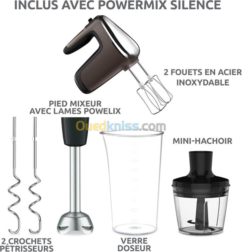 Batteur et Mixeur Électrique à Main 3EN1 Moulinex Powermix Silence 600W - Silencieux avec 7 Accessoires, Turbo et Variateur de Vitesse 7