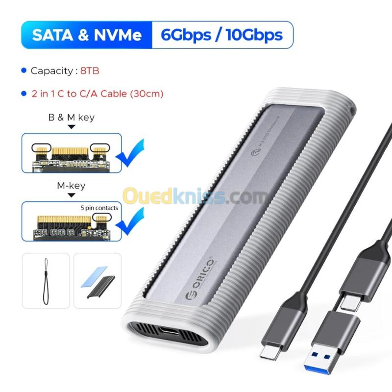 Boîtier Externe SSD M.2 ORICO AXM2 - Double Protocole (NVMe/SATA), 10Gbps, 8To + Étui Silicone Antichoc