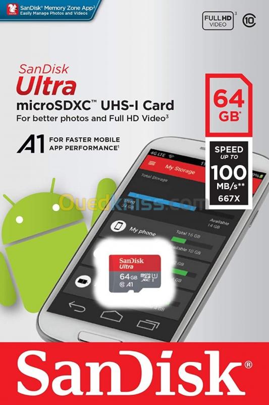  CARTE MEMOIRE SANDISK ULTRA 64GB MICRO SDXC UHS-I CARD C10 100MB/s