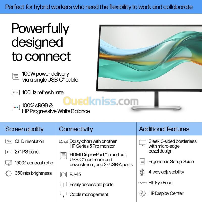 ECRAN HP 27 POUCES 527PU 2K/WLED/IPS 100HZ/5MS 1 HDMI/DP/3 XTYPE-A/RJ-45/USB-C 100W ROTATION/ADJUSTABLE/PIVOT/HAUTEUR/BLUE EYES FILTRE 9