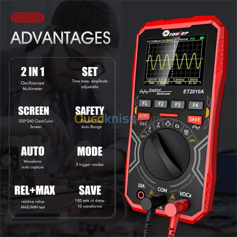 TOOLTOP ET2010A-Multimètre d'oscilloscope numérique portable, outil de test électrique multifonctionnel, 2 en 1, 2.5Msps, 1MHz 14