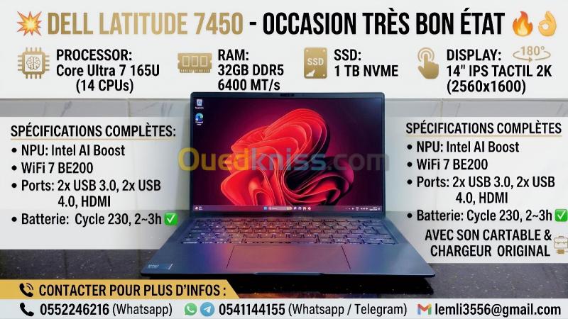 Dell Latitude 7450, Core Ultra 7 (32GB / 1TB SSD) Ecran 2K Tactile 180 - Trés Bon Etat