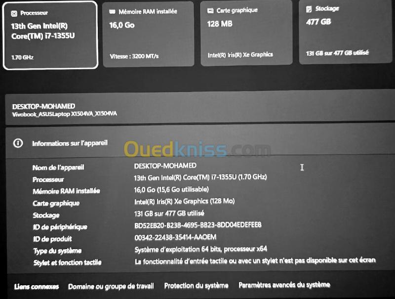 ASUS VivoBook X1504VA Core i7 13eme génération  16 Go RAM 512 Go SSD 6