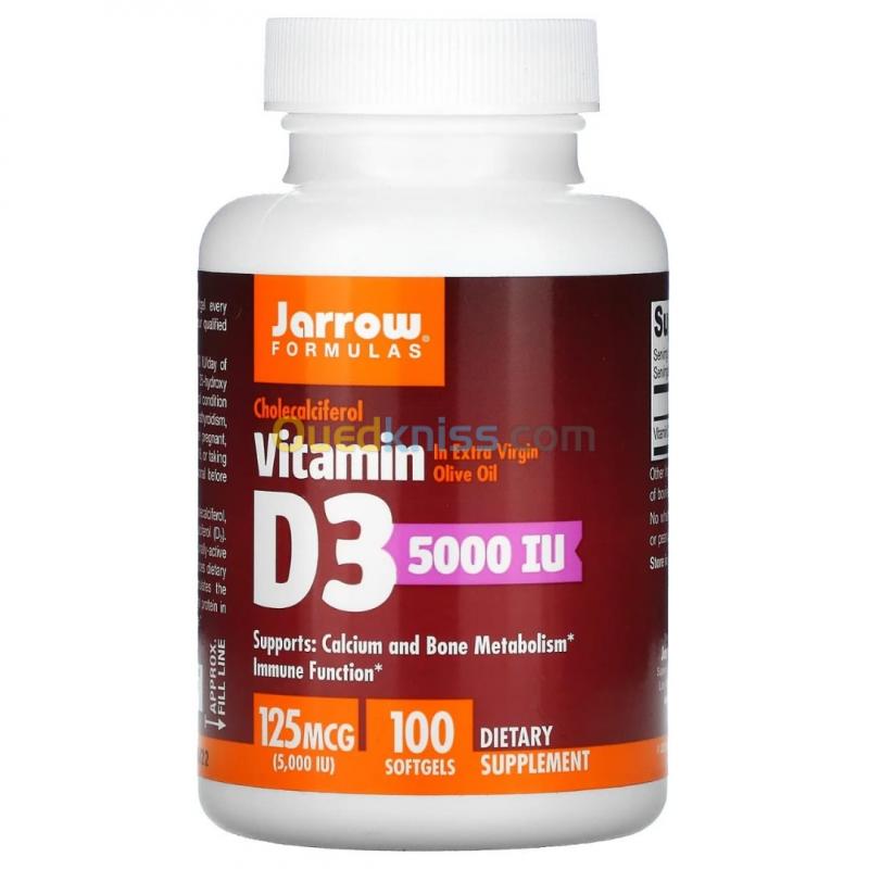  Jarrow Formulas Vitamine D3 Cholécalciférol 125 mcg 5000 UI 100 capsules à enveloppe molle