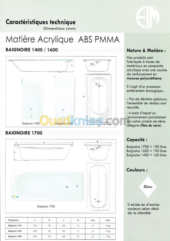  Baignoires Acrylique ABS 1400/1600/1700