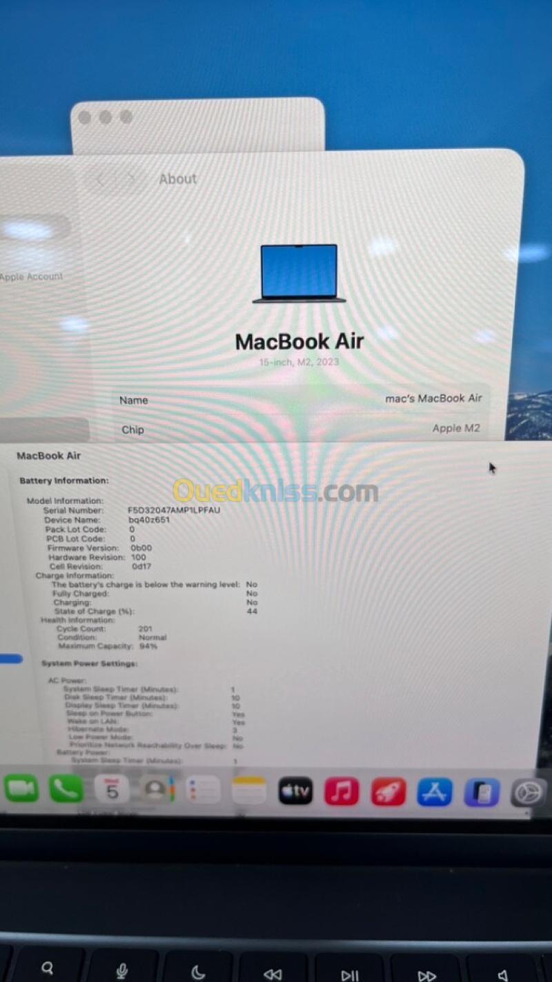 MACBOOK AIR  2023 M2 15'' 08RAM 256 SSD BATTERIE 94% CYCLE 100 EXCELLENT ETAT GARANTIE 06 MOIS A2-6 3