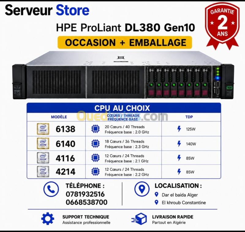 Serveur HPE DL380 gen 10 (deux CPU,2.7 Tb de disque et ram 64 go)